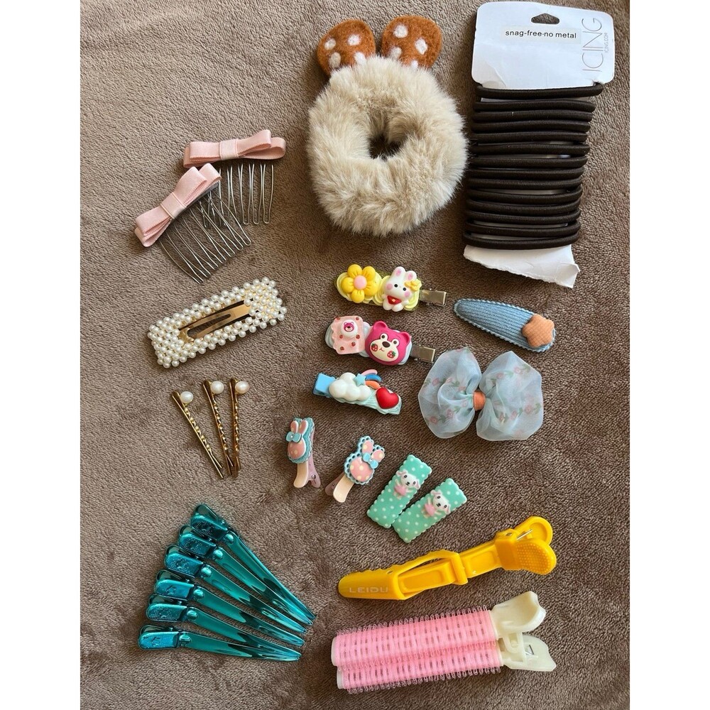 Kawaii Hair Accessories Bundle,Clips Scrunchie Hair Ties Roller Cute Lot